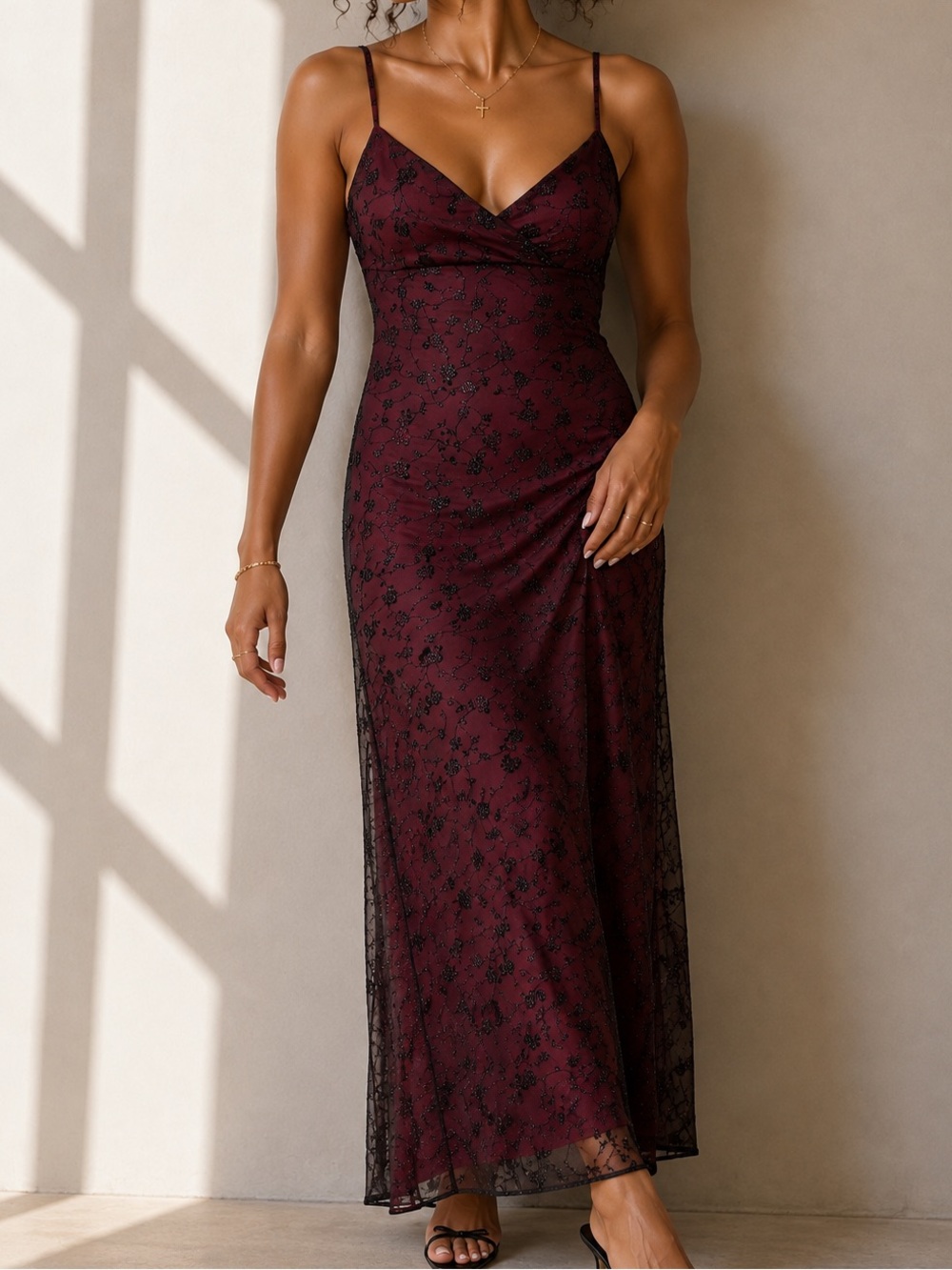 Vintage 90’s Red & Black Floral Sparkle Prom Maxi Dress